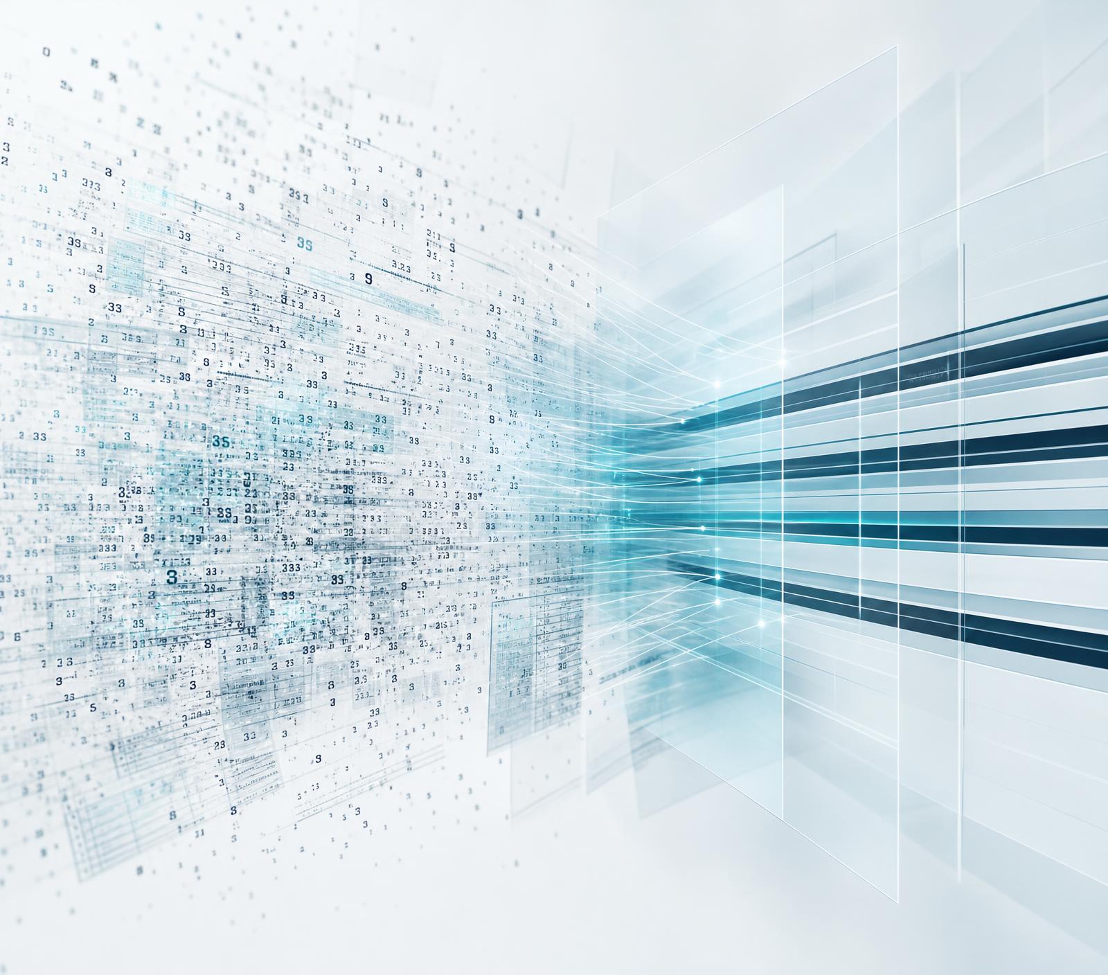 Abstract Clarify AI artwork: fragmented medical billing data resolving into ordered, validated structure